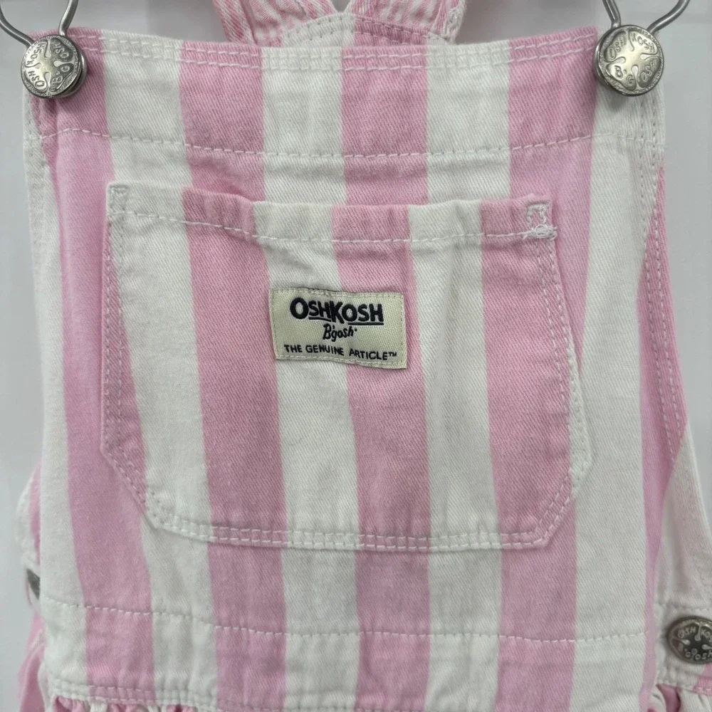 OshKosh B'gosh Overall Dress Kids 5T Pink White Striped Denim Hickory Preppy